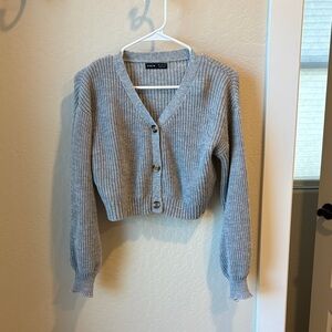 SHEIN Light Gray Ribbed V-Neck Cropped Cardigan